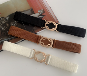 Women Solid Color Elastic Waist Belt Gold Round Buckle Belts Fashion Waistband for Dress Coat