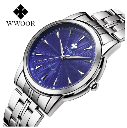 Wwoor Watches For Men Business Stainless Steel Wristwatch Waterproof Quartz Watch BLUE DIAL SILVER CASE STRAP