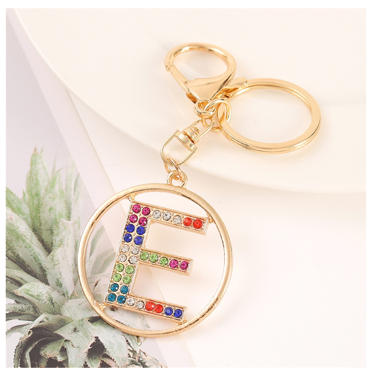 Colorful Rhinestone A-Z Letter Keychain Hollow Round Initials Alloy Keyring Bag Pendant Ornament DIY Accessories Charms Gift E