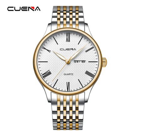 Original CUENA Men's Watch Stainless Steel Vintage Dial Fashion Simple Casual Business Sports Quartz Waterproof Watch SILVER GOLD WHITE