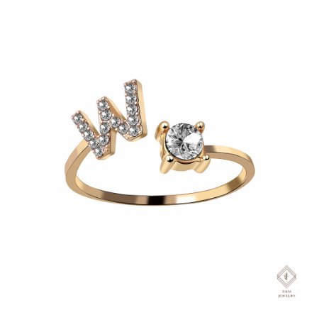 26 Letter Rings Cubic 14K Gold Promise Ring Diamond Ring Wedding 925 Silver Ring Adjustable Size W