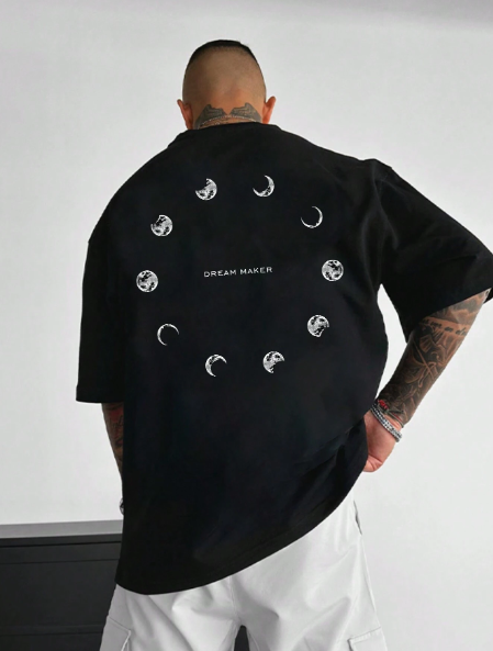 Plus Size Men Summer Loose Round Neck Short Sleeve T-Shirt With Letter Moon Print