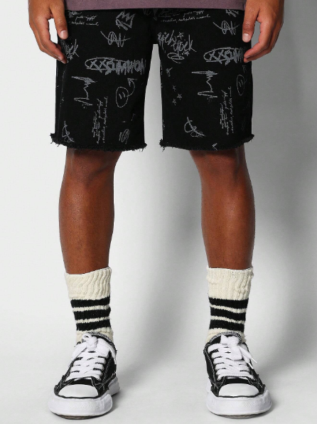 SUMWON Denim Short With Raw Edge Detail And Doodle Print