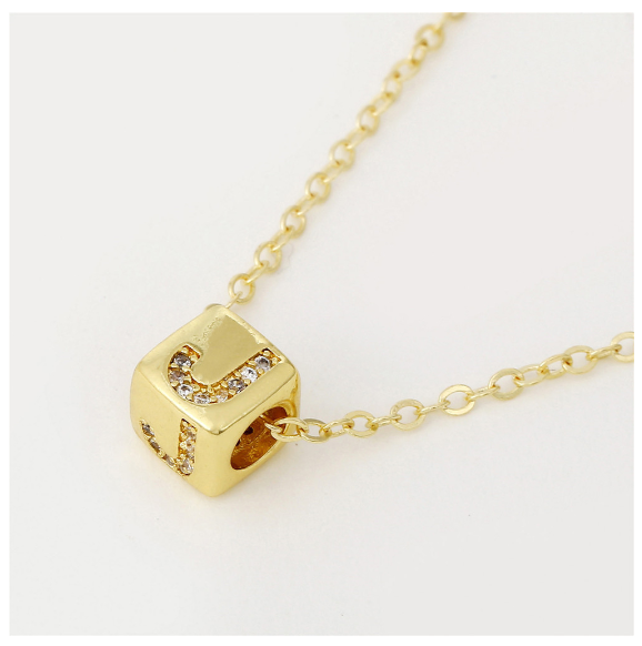 18K Gold Plated Titanium Steel English Letter Pendant Necklace Collar Chain Women's Fashion Copper Inlaid Zircon Dice Necklace Neckchain J