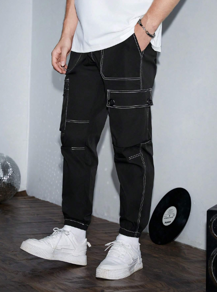 Manfinity Homme Men Top Stitching Flap Pocket Side Cargo Pants Tapered Long Plain Black Going Out