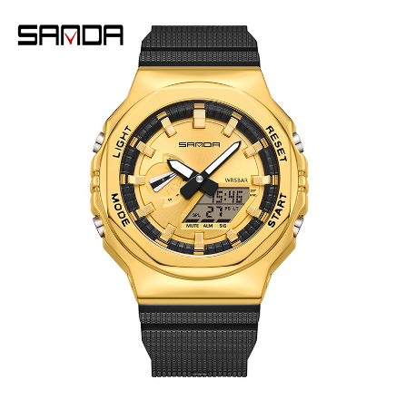 Sanda Men's Watch Luminous Multi-function Metal Luxury Fashion Men's Sports Watch BLACK GOLD