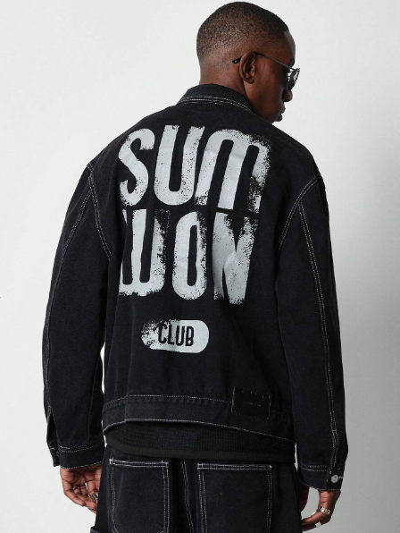 SUMWON Regular Fit Denim Jacket With Back Graphic Print