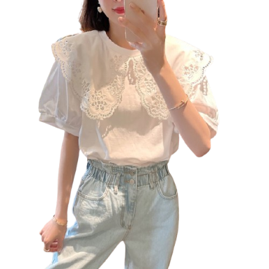 Lovito Casual Plain Round Neck Ruffle Short Sleeves Blouse for Women LNE02115 (White)