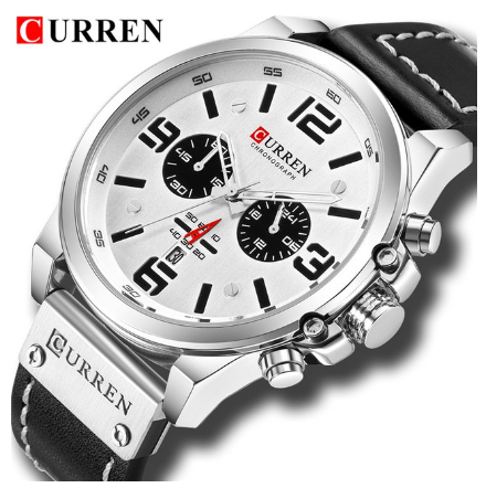 Curren Top Luxury Brand Military Leather Men's Waterproof Sports Quartz Chronograph Watch Date Fashion Casual 8314X SILVER WHITE