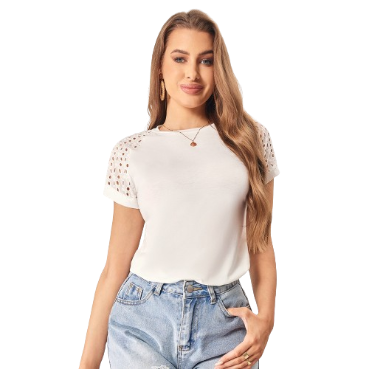 Lovito Women Boho Plain Fabric Stitching T-Shirt LBL06145 (White)