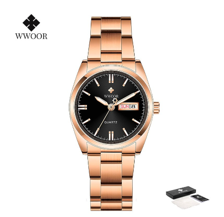 Wwoor Women Watches Stainless Steel Quartz Wrist Watch Creative Design Ladies Clock Female Watch BLACK DIAL ROSEGOLD CASE STRAP