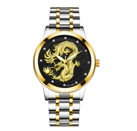 Fashion Men's Full Steel 3D Engraving Gold Dragon Quartz Waterproof Watch Men's Watch SILVER GOLD BLACK 2