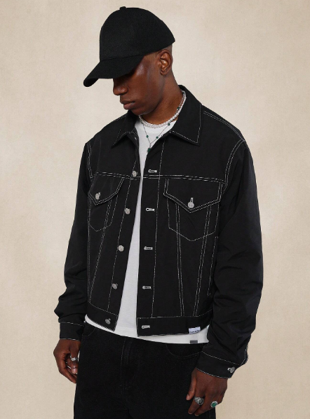 SUMWON Nylon Trucker Jacket With Contrast Stitching & Embroidery Design