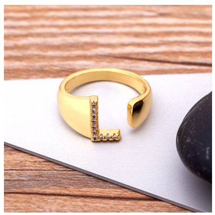 Fashion Chunky Wide Hollow A-Z Letter Gold Color Opening Ring Initials Name Alphabet Female Jewelry L