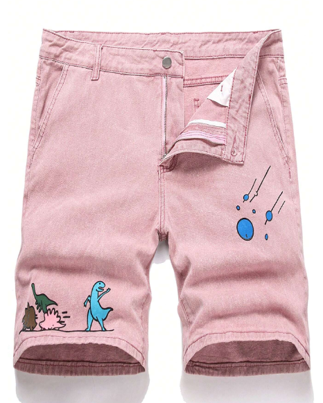 Manfinity Homme Men's Cartoon Dinosaur Print Bermuda Casual Loose Denim Shorts With Pockets