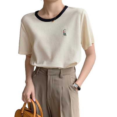 Lovito Women Contrast binding Embroidery Oversized T-Shirts LNA20166 (White)