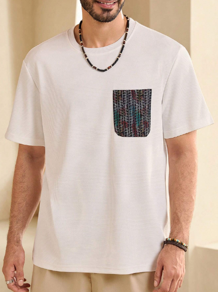 Manfinity KASUA Men's Striped Printed Pocket Round Neck Short Sleeve Casual T-Shirt, Summer
