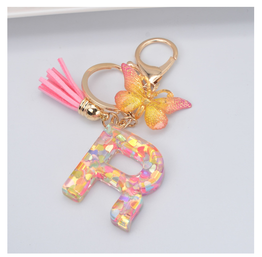 Exquisite 26 Letter Resin Keychain with Pink Tassel Gradient Butterfly Pendant Key Ring Women Bag Ornaments Accessories R