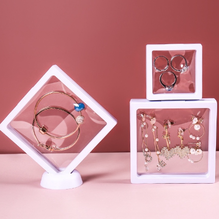 PE Film Jewelry Storage Box 3D Packaging Case Gemstone Free Stand Floating Frame Membrane Ring Earrings Necklace Display Holder