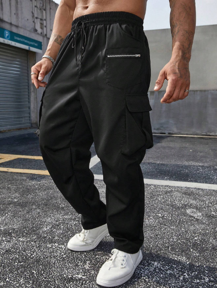 Manfinity Homme Men's Plus Size Elastic Waistband Drawstring Flap Pockets Casual Pants