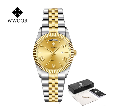 WWOOR Top Brand Fashion Watch Men Stainless Steel Luxury Waterproof Calendar Wristwatch Mens Watches GOLD DIAL TWO TONE
