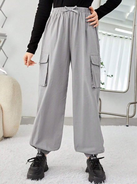 SHEIN Teen Girl Flap Pocket Side Bow Waist Cargo Pants