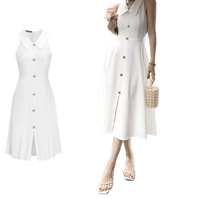 Lovito Women Elegant Plain Button A-Line Dress L68ED184 (White)