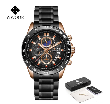 Wwoor Top Luminous Luxury Brand Mens Watches Stainless Steel Waterproof Sport Quartz Chronograph Wrist Watches ALL BLACK