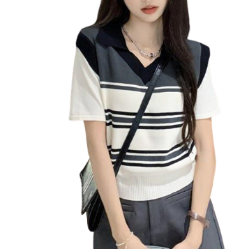 Lovito Women Casual Striped Fabric Stitching Basic T-Shirt LNE34066 (Grey)