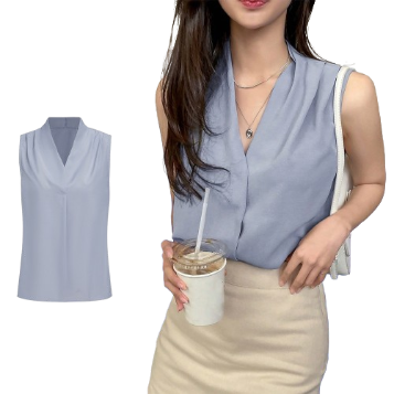 Lovito Women Elegant Plain Pleated Tank Top L68ED063 (Blue)
