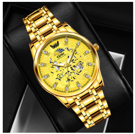 OPK Watch For Men Waterproof Luminous Quartz Original Calendar Diamond Stainless Steel Strap Watch GOLD DIAL GOLD STRAP