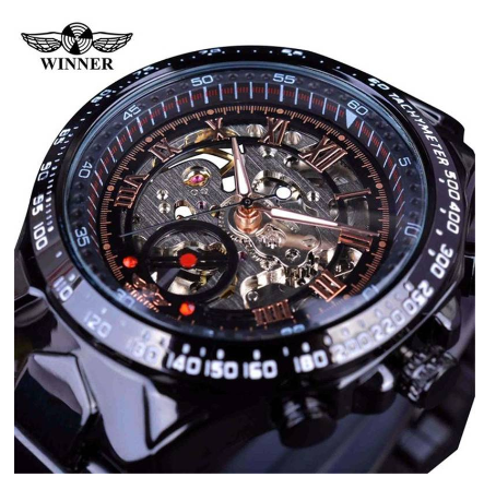 WINNER Automatic watch men Gold Luxury Stainless Steel Skeleton Mechanical Watches waterproof Luminous Watch 8