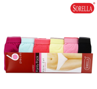 SORELLA 6in1 Bikini pPnty Pack AO69 Womens Underwear Panty Plain Colors Black Pink Yellow Blue Tones