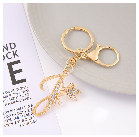 Exquisite Elf Letter Metal Keychains Luxury Gold Color Rhinestone Alphabet Keyrings For Men Women Handbag Ornaments Gifts J