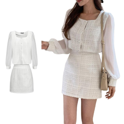 Lovito Women Casual Plain Fabric Stitching Tweed Skirt Set L77ED105