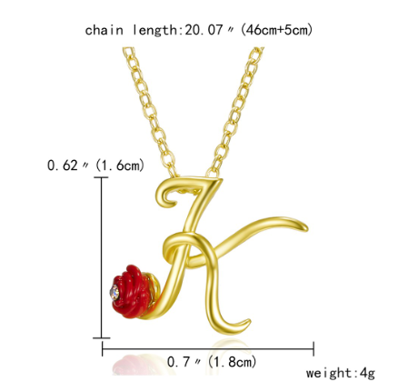 Fashion 26 Letter Necklace Ladies Red Rose Flower Clavicle Pendant Necklace Rhinestone Retro English Letter Necklace K