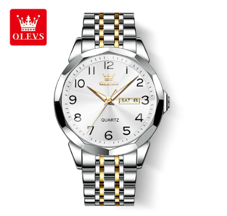 Olevs Watch For Men Waterproof Original Quartz Luminous Calendar Stainless Steel Watch WHITE DIAL TWO TONE
