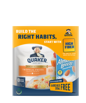 Quaker Fruit Inc Tropical Fruits 350g + Almond Milk 180ml
