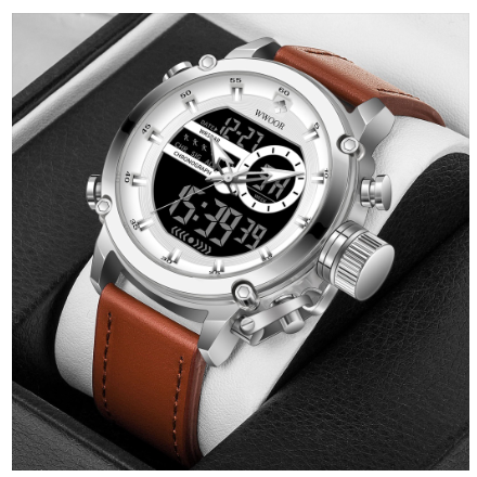 Wwoor Watch Original Waterproof Casual Men Sports Quartz Watch BROWN LEATHER SILVER WHITE