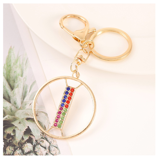 Colorful Rhinestone A-Z Letter Keychain Hollow Round Initials Alloy Keyring Bag Pendant Ornament DIY Accessories Charms Gift I