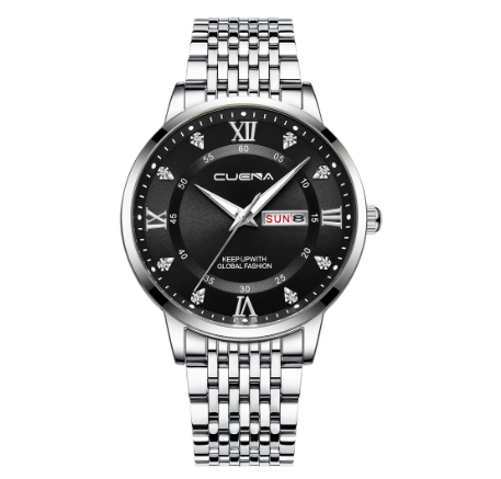 CUENA Men's Watches Fashion Casual sports Business Decorative Dial Quartz Water Resistant SILVER BLACK