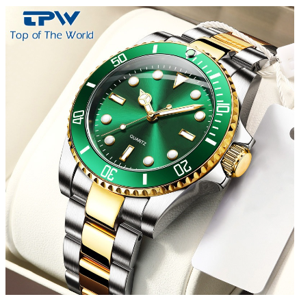 TPW Watch for Men Stainless Steel Strap Wristwatch Japanese Quartz Movement Watch GOLD GREEN