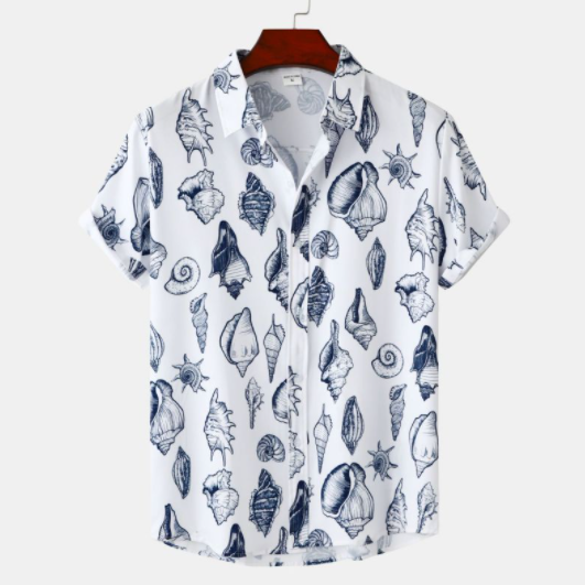Men's Stylish Aesthetic White & Blue Summer Beach Short Sleeve Floral Shirt Plus Size Cotton Lapel Button Shirt