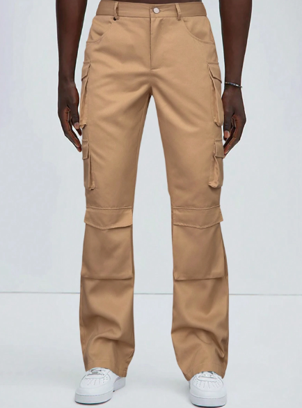 Manfinity EMRG Manfinity EMRG Men's Solid Color Straight Leg Khaki PantsWith Multiple Utility Pockets