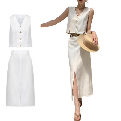 Lovito Women Boho Plain Button Split Skirt Sets L71ED129