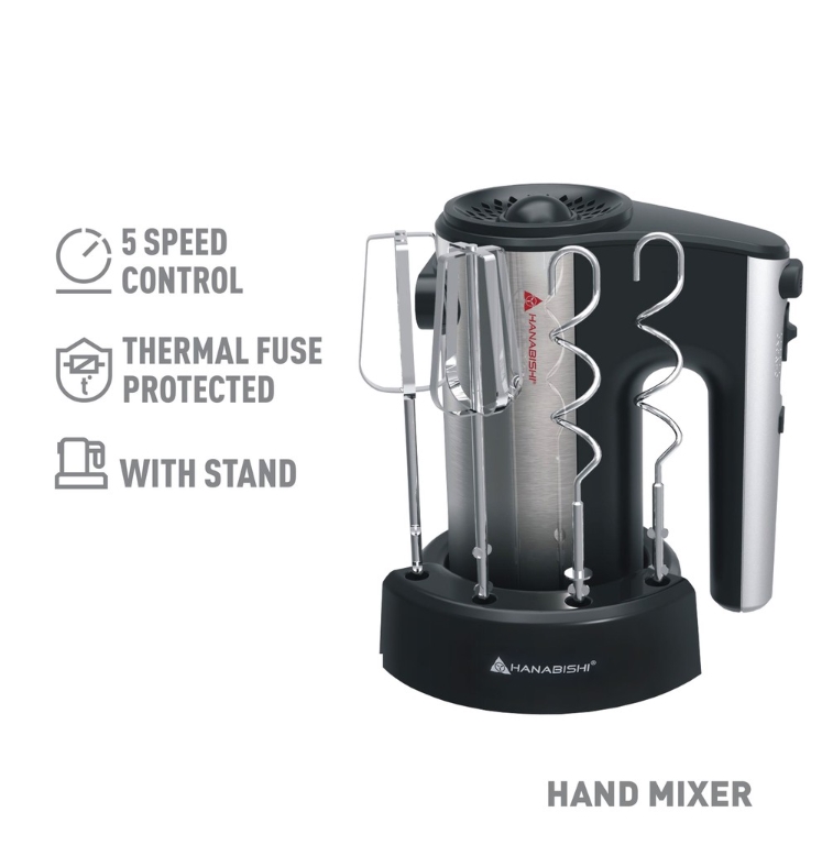 Hanabishi Hand Mixer HHM55SS | Best for Baking 5-speed Turbo | Beater, Dough Hooks | With stand