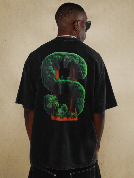 SUMWON Washed Tee With Puff Front Print & Back Graphic