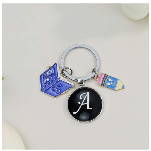 1Pcs Simple Glass 26 Letter Keychains Fashion Book Pencil A-Z Initials Keyrings Student Gifts Souvenir Handbag Pendant Ornament A