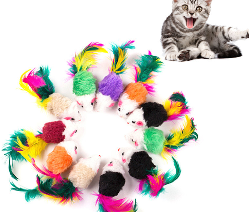 Cute Mini Soft Fleece False Mouse Cat Toys Colorful Feather Funny Playing Training Toys For Cats Kitten Puppy Pet Supplies