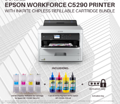 Epson WF-C5290 Printer with Inkrite Chipless Refillable Cartridge, Pigment Ink, and Act Key